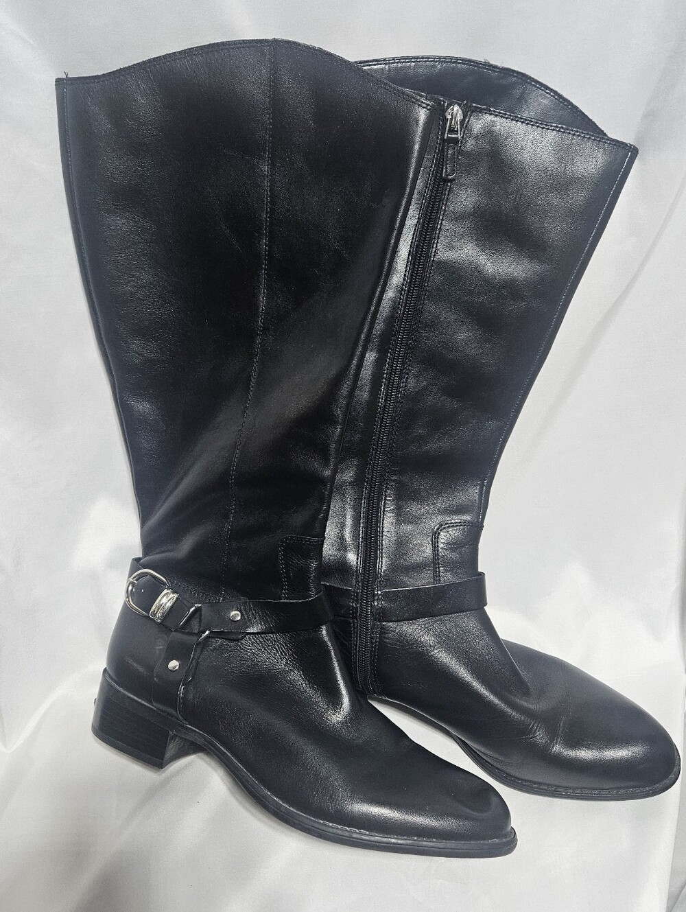 Franco Sarto Black Leather Mid-Calf Riding Boots with Buckle 10M